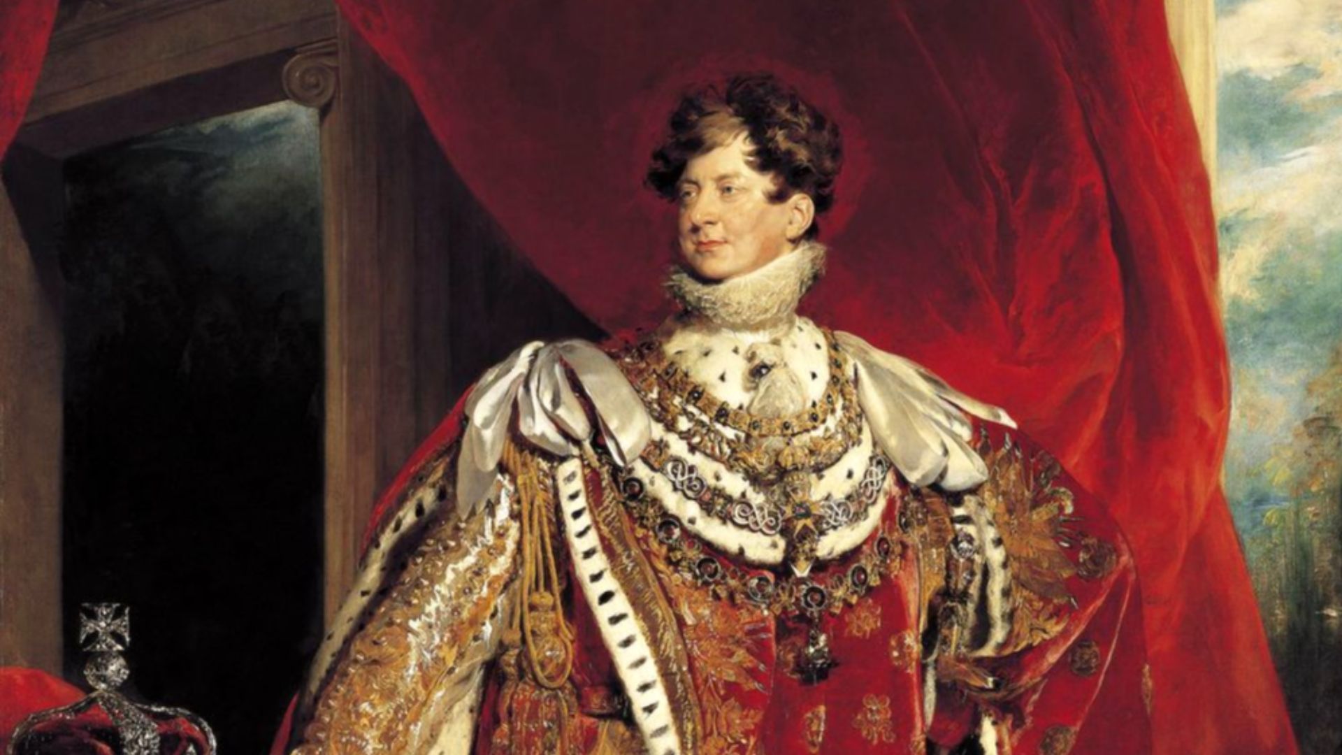 King George IV depicted wearing coronation robes and four collars of chivalric orders: the Golden Fleece, Royal Guelphic, Bath and Garter.