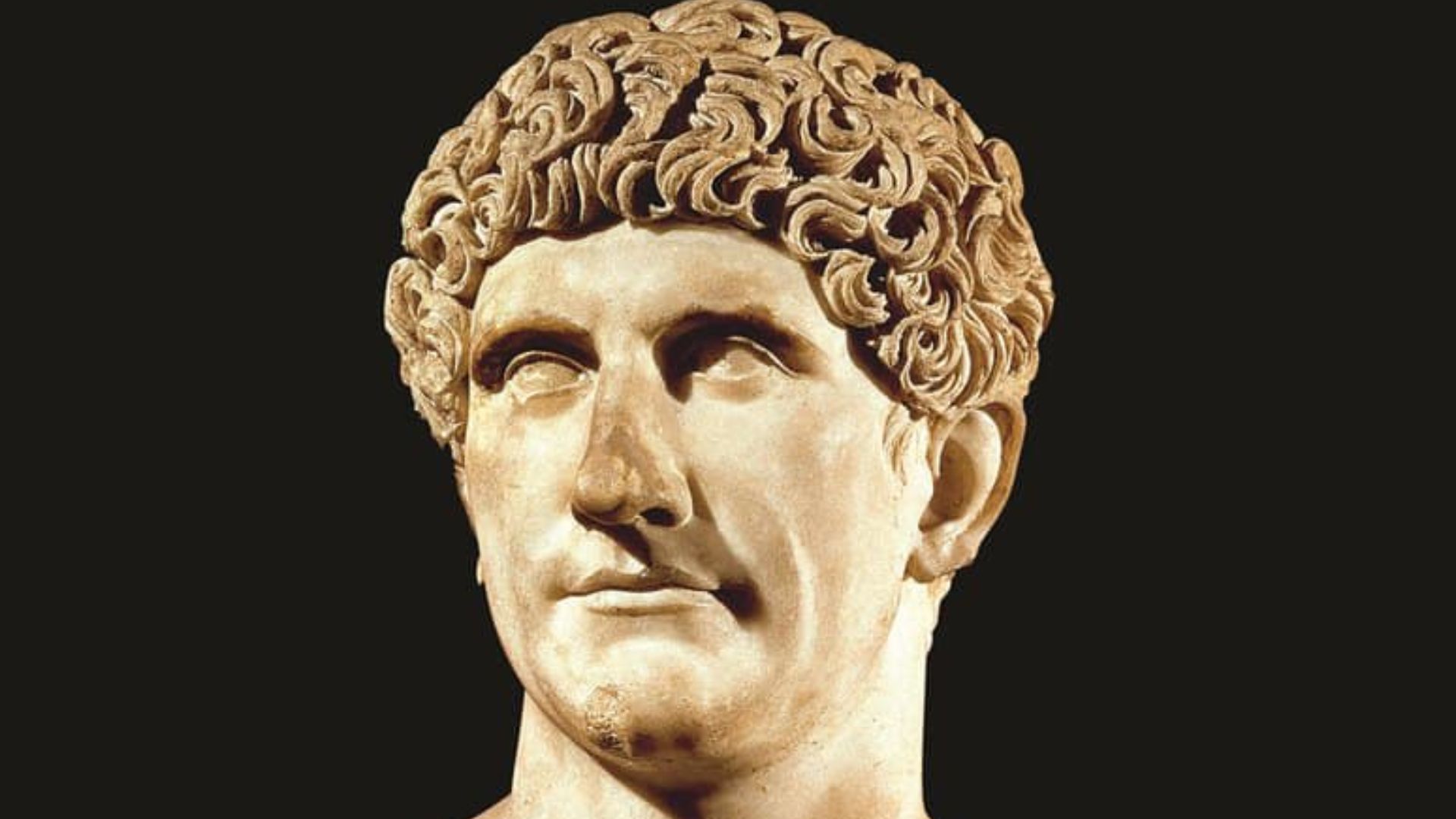 Roman male portrait bust of Marcus Antonius. Fine-grained yellowish marble. Flavian age (69—96 A.D.). Rome, Vatican Museums, Chiaramonti Museum. Height: 68 cm. Found near Tor Sapienza before Porta Maggiore in 1830 or 1831.