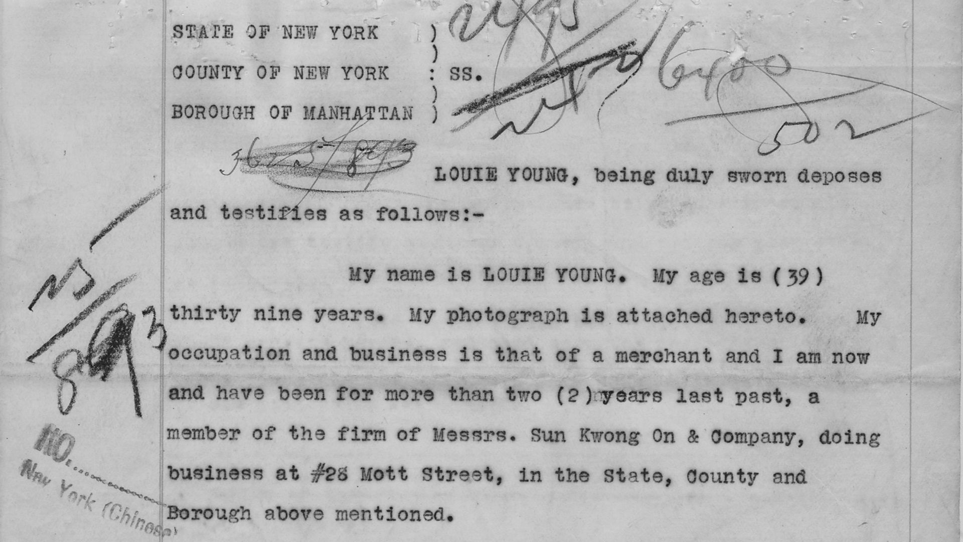 Original Caption: Affidavit of Loui Young stating that he is the father of Louie Jock Sung, and deposition of non Chinese witnesses. Documents were executed in New York City. This document is filed with the Chinese Exclusion Act case file on Louie Jock Su