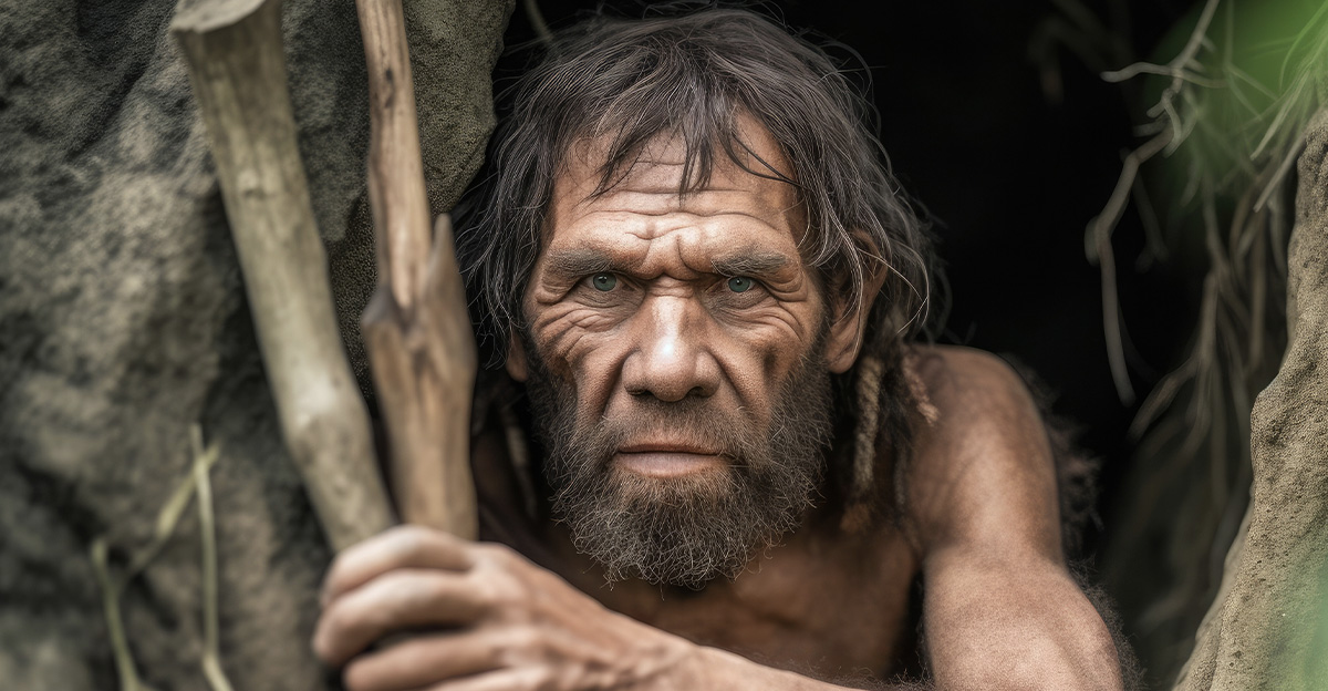 AI-generated portrait of prehistoric man in cave. Face of Neanderthal caveman with beard.