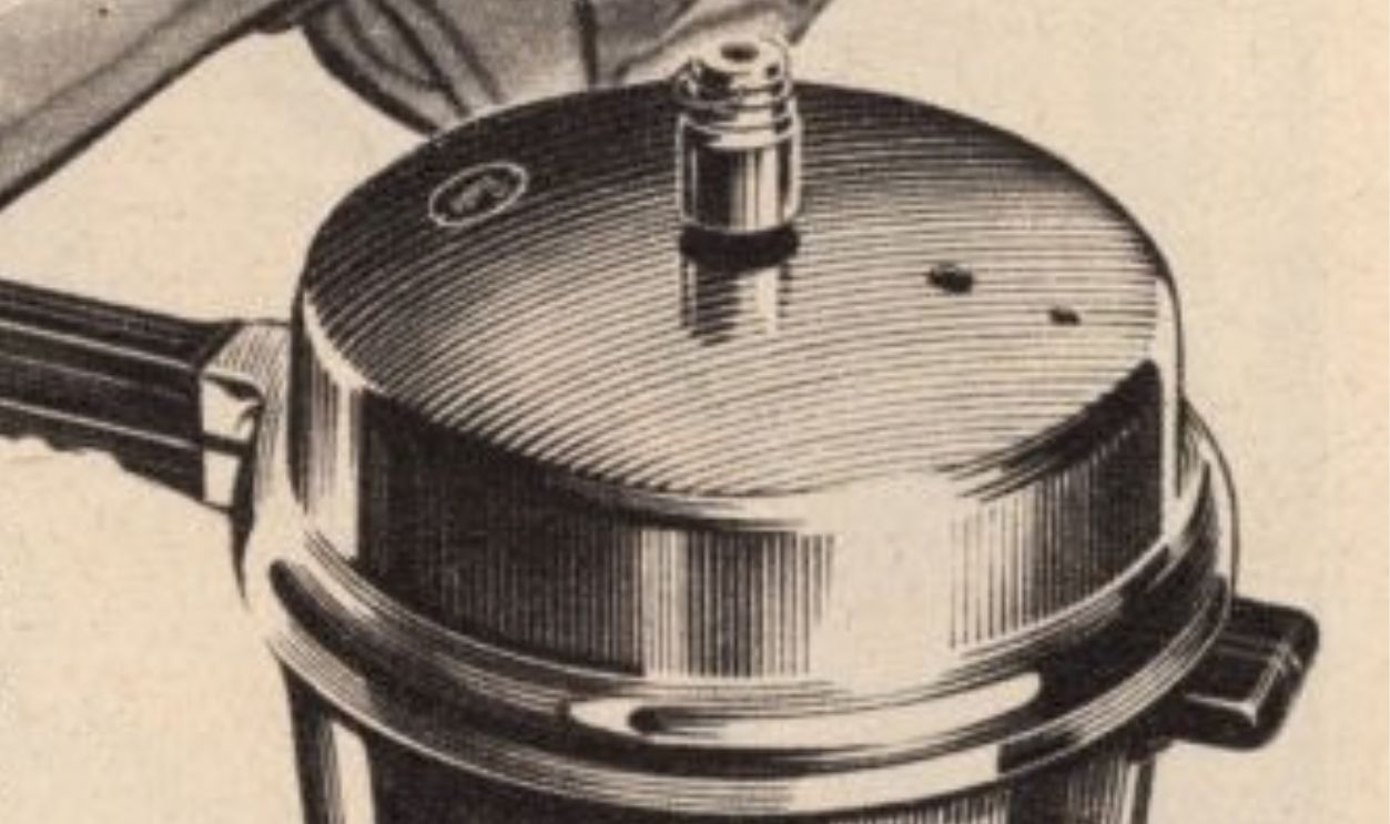 A happy young couple making good use of their Presto Pressure Cooker, which claims to cook food in a quarter of the time usually needed.