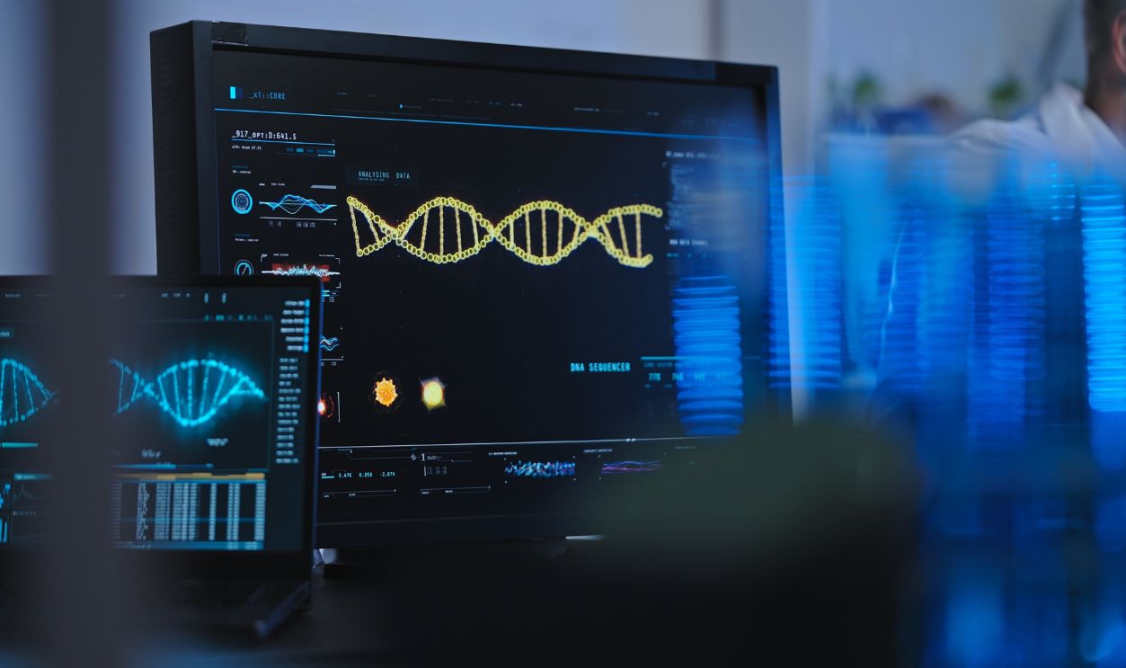 DNA chain animation on computers in genetic lab, modern technology, science