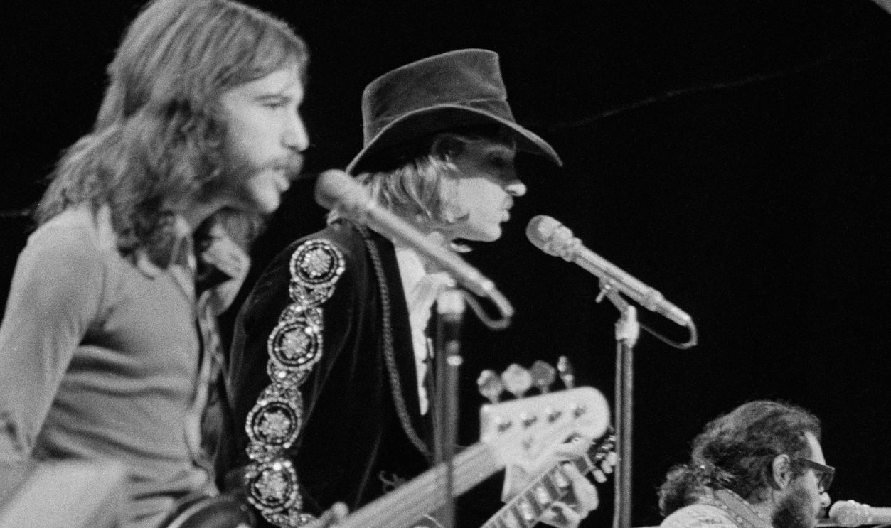 American rock group the James Gang performing on the BBC television show 'Top of the Pops', London, 4th August 1971. Left to right: Dale Peters, Joe Walsh and Jim Fox.