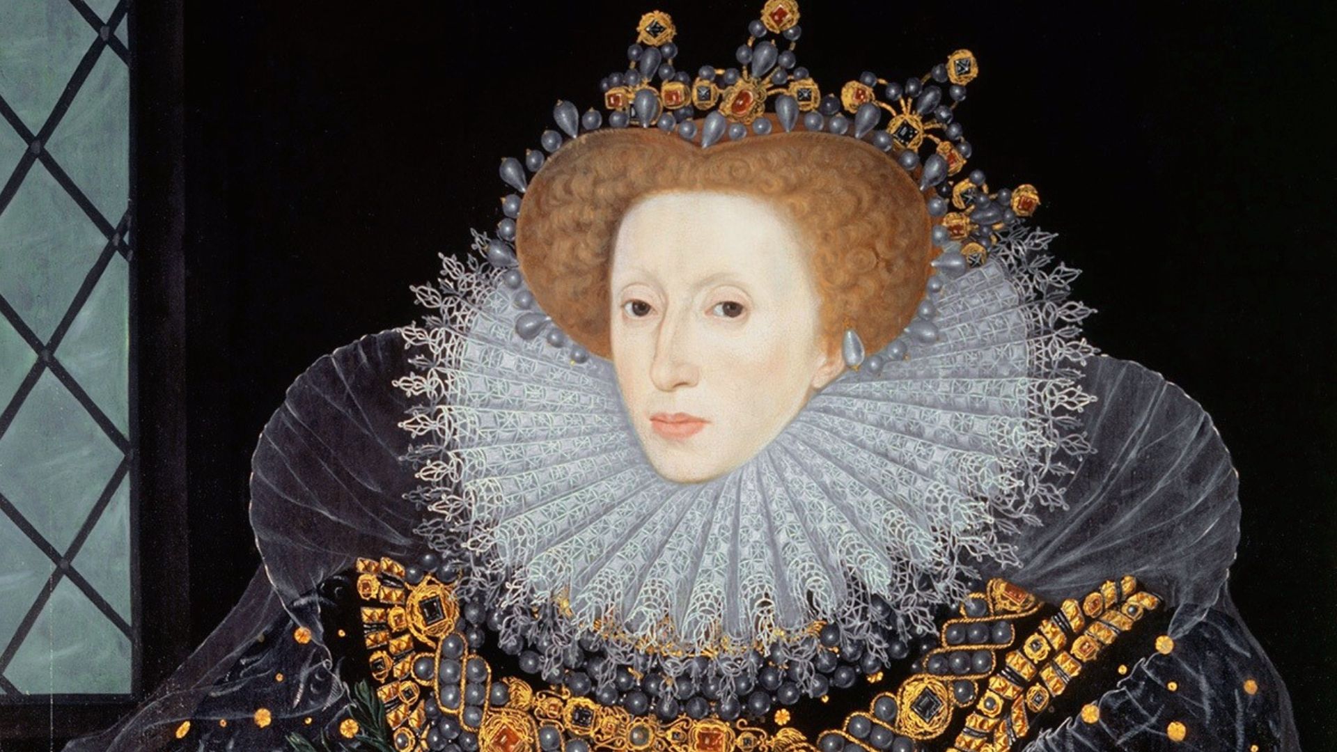 Painting of Elizabeth I of England, also known as the Ermine Portrait. Elizabeth is wearing a richly decorated black dress and The Three Brothers jewel.