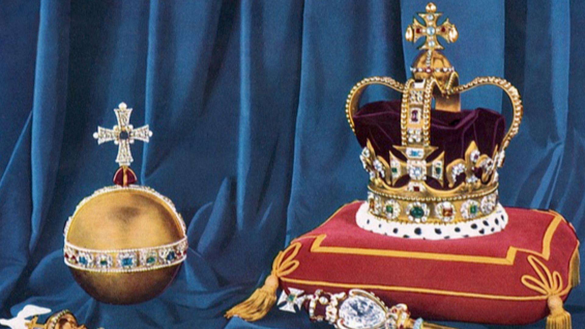 St Edward's Crown, and the sovereign's orb, sceptres and ring. First colour photograph ever published of the regalia.