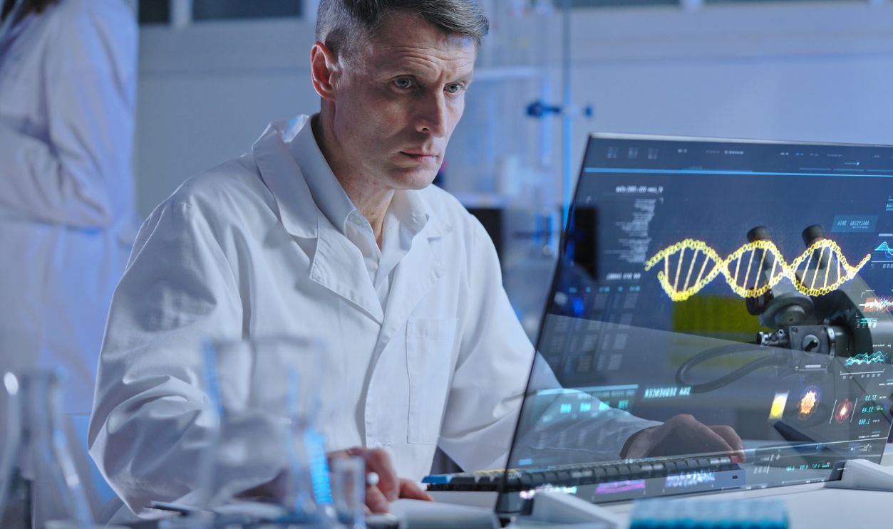 DNA lab scientist studying human genome structure on holographic screen, medical research