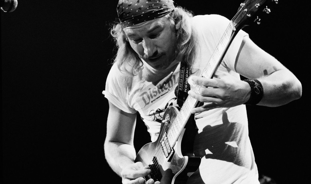 Guitarist Joe Walsh performing with American rock group, The Eagles, at Wembley Empire Pool (now Wembley Arena), London, during their Hotel California tour, 27th April 1977.