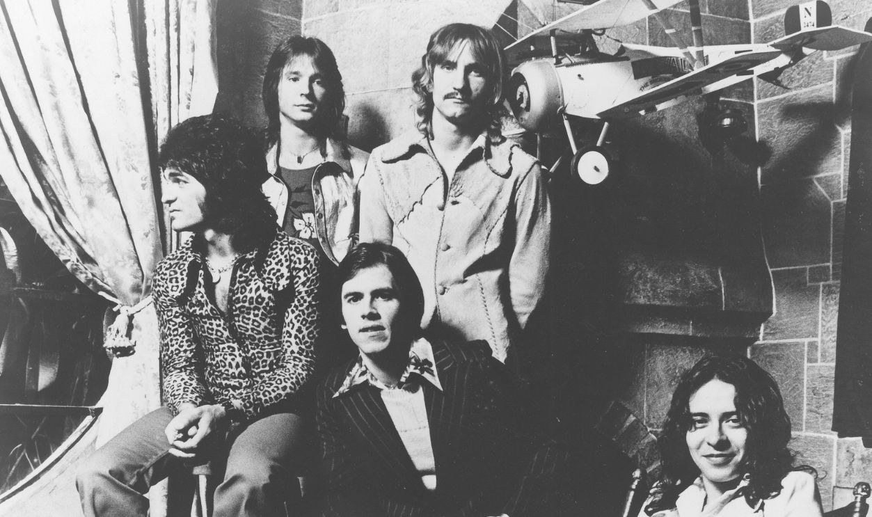 Rock group Barnstorm featuring guitarist and singer Joe Walsh (top right) and musicians Joe Vitale, Kenny Passarelli, Rocke Grace and Tommy Stephenson pose for an ABC Records publicity still circa 1973. 