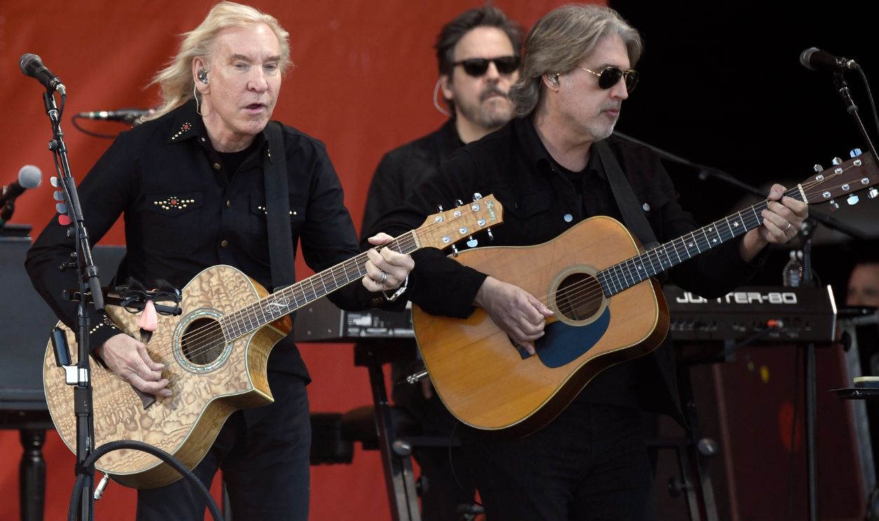 NEW ORLEANS, LOUISIANA - MAY 02: Joe Walsh (L) and Chris Holt of Eagles perform during the 55th Annual New Orleans Jazz & Heritage Festival at Fair Grounds Race Course on May 02, 2026 in New Orleans, Louisiana. 