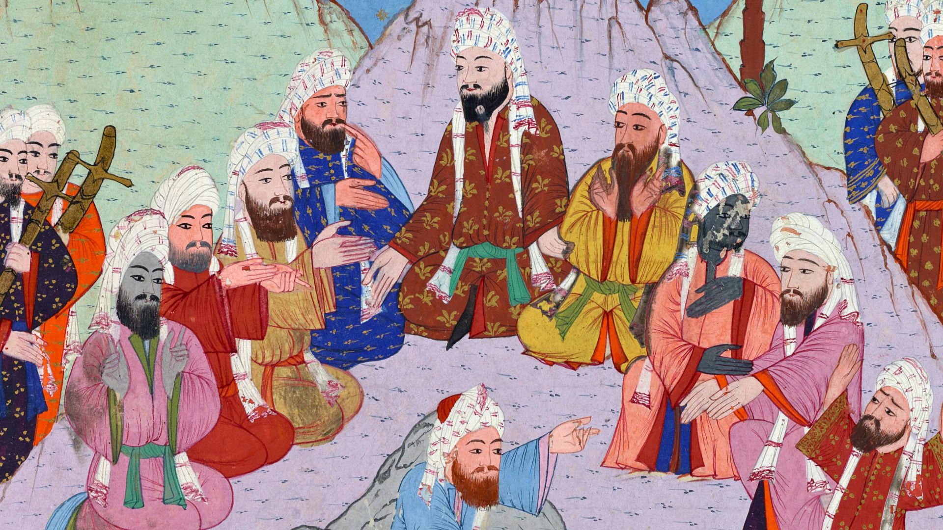 Islamic miniature depicting Iblis (top-right) plotting against Muhammad watching over a meeting by the leaders of the Quraysh (Umayya ibn Khalaf
, Abu Sufyān, Khālid ibn al-Walīd, Amr ibn al-‘Āṣ) discussing the second pledge at al-Aqabah, being spied on b