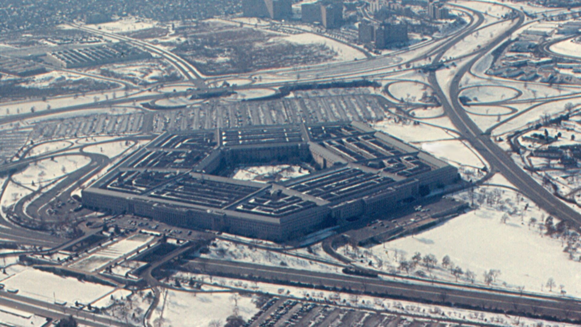 The Pentagon from an airplane that has just taken off from Washington National Airport in January 1970. The Pentagon is the headquarters of the U.S. Department of Defense. It was begun in 1941 and completd in 1943. It was built in section, and each sec