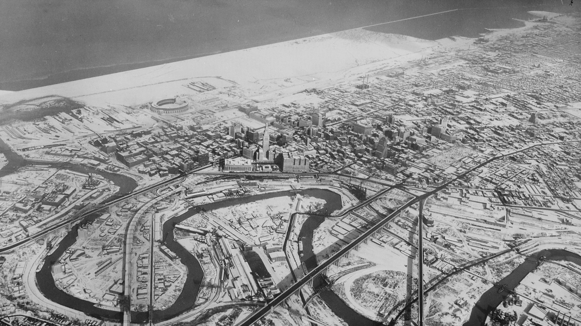 Scope and content:  The Cuyahoga River winds through the flats.