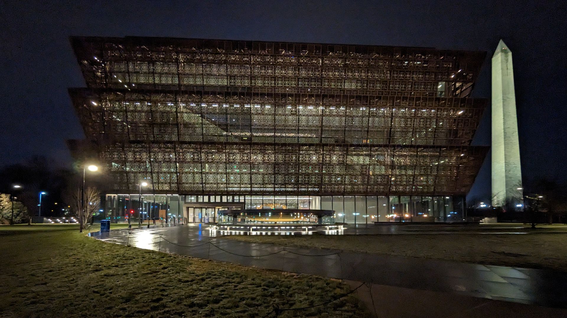 National Museum of African American History and Culture and Washington Monument at night