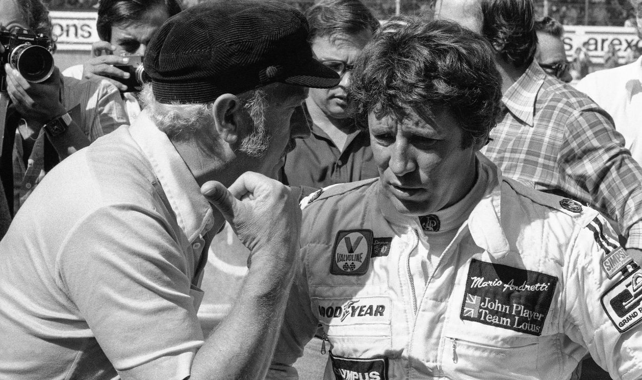 The American Formula One driver Mario Andretti with Colin Chapman, Lotus owner, during the Italian Grand Prix, Monza, September 10, 1978. After this Grand Prix Mario Andretti became the 1978 Formula One World Champion. 