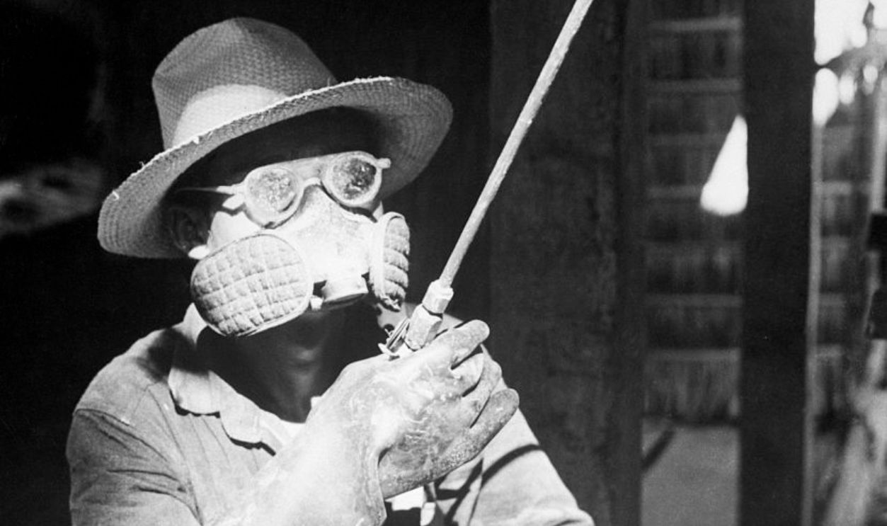 A man dresses carefully while spraying Dieldrin insecticide for Malaria-carrying mosquitos. At this time little is known about the effects of Dieldrin except that it is more toxic than DDT.