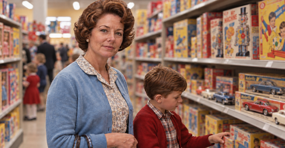 Woman and child in 1960s toy store