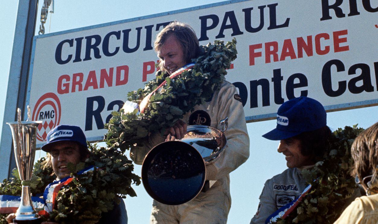 Ronnie Peterson, Carlos Reutemann, François Cevert, Grand Prix of France, Paul Ricard, 01 July 1973. The 1973 French Grand Prix saw Ronnie Peterson score his first Grand Prix win. Here on the podium with with second placed François Cevert and third placed Carlos Reutemann. 