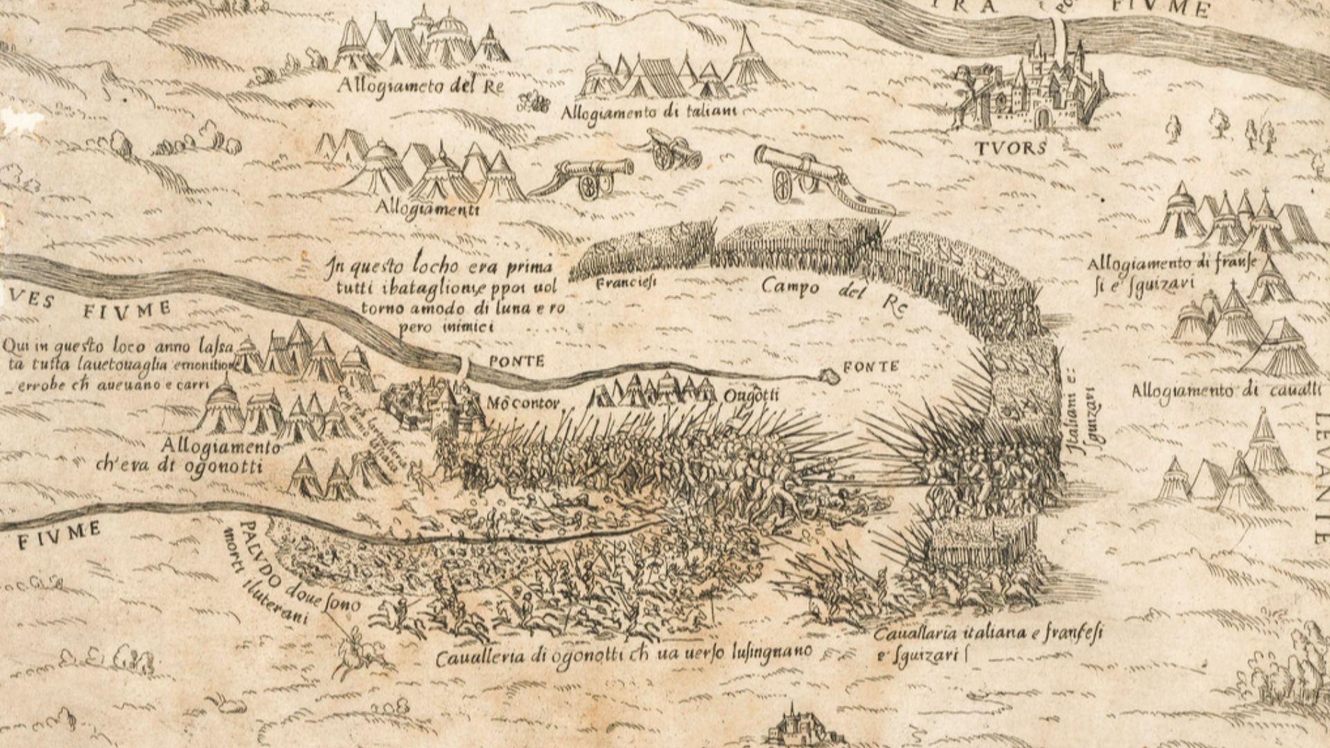 A middle/high oblique view of the Battle of Moncontour, fought on 3 October 1569 between the French Catholics, commanded by Henry Duke of Anjou (later Henry III; 19 September 1551-2 August 1589) and the French Huguenot army, commanded by Admiral Gaspard d