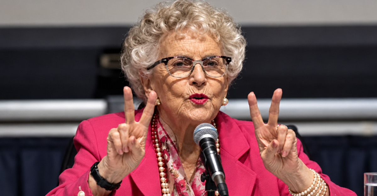 Generated image of woman who looks similar to Ruth Becker at a conference sharing her theory that the titanic broke in two