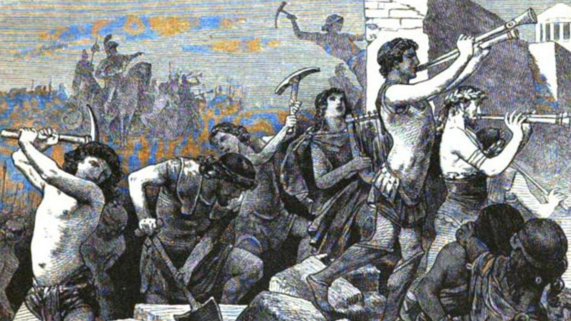 Lysander is breaching the walls of Athens, 404 BC (engraving)