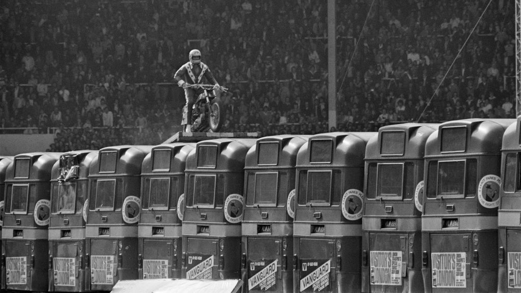 American motorcycle stunt rider Evel Knievel making preliminary checks