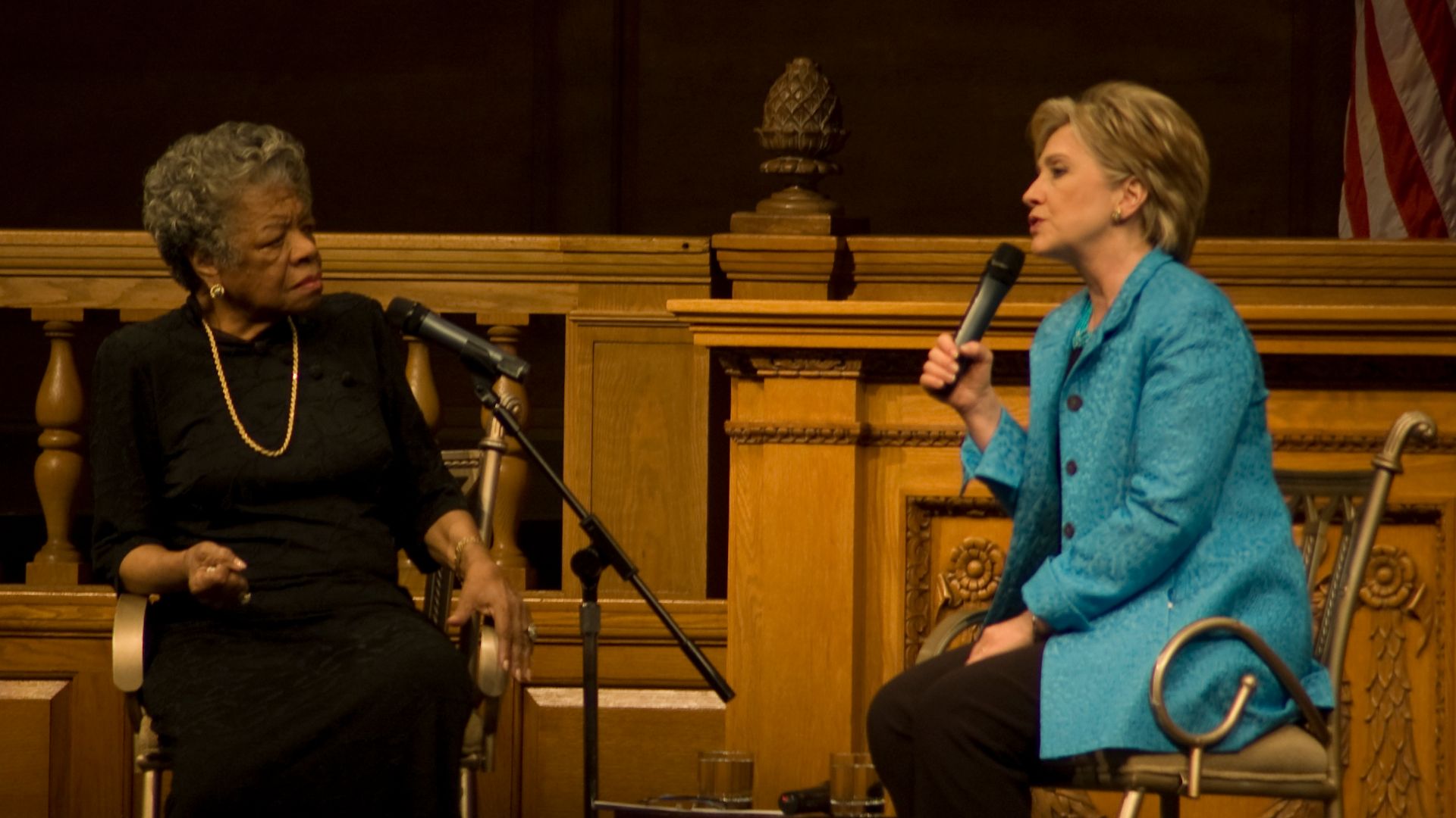 Hillary Clinton and Maya Angelou speaking at Wake Forest University in Winston Salem, NC.