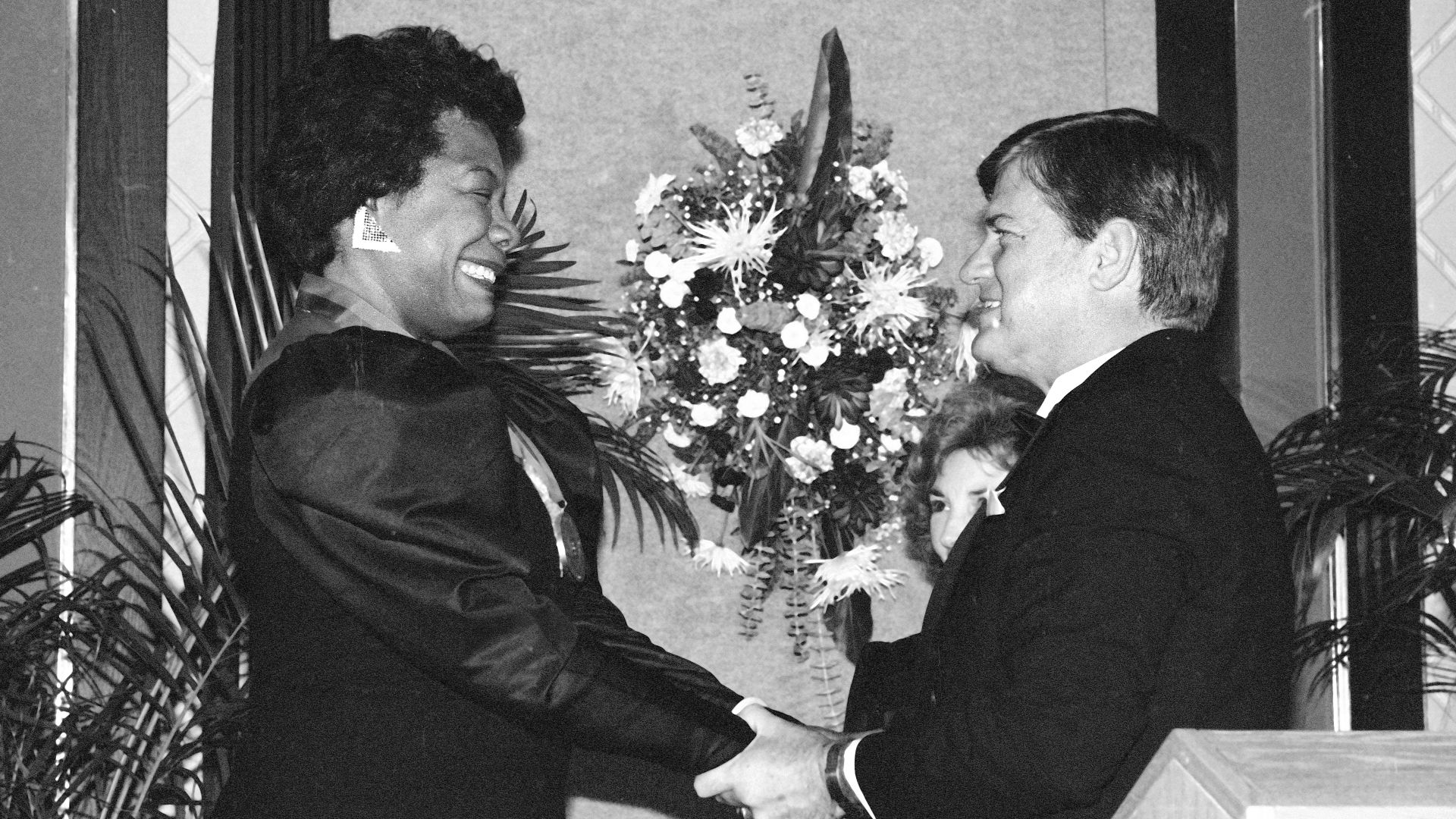 Maya Angelou with Governor Jim Martin at the North Carolina Awards, 6 November 1987.  From AV Materials, Photo Collections, Events Files, 1987, State Archives of North Carolina.
