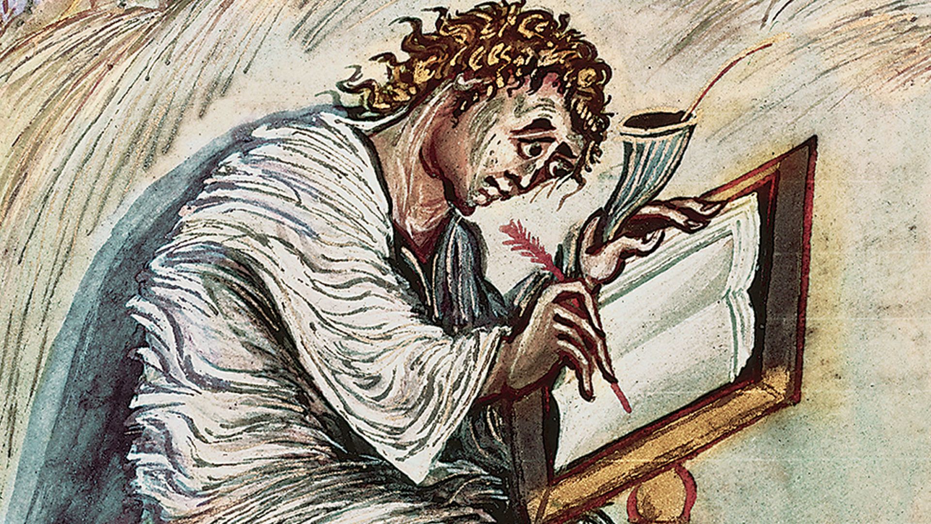 This illustration of Saint Matthew, from the 9th century Ebbo Gospels in the Municipal Library, Épernay, France, depicts him writing a Gospel.