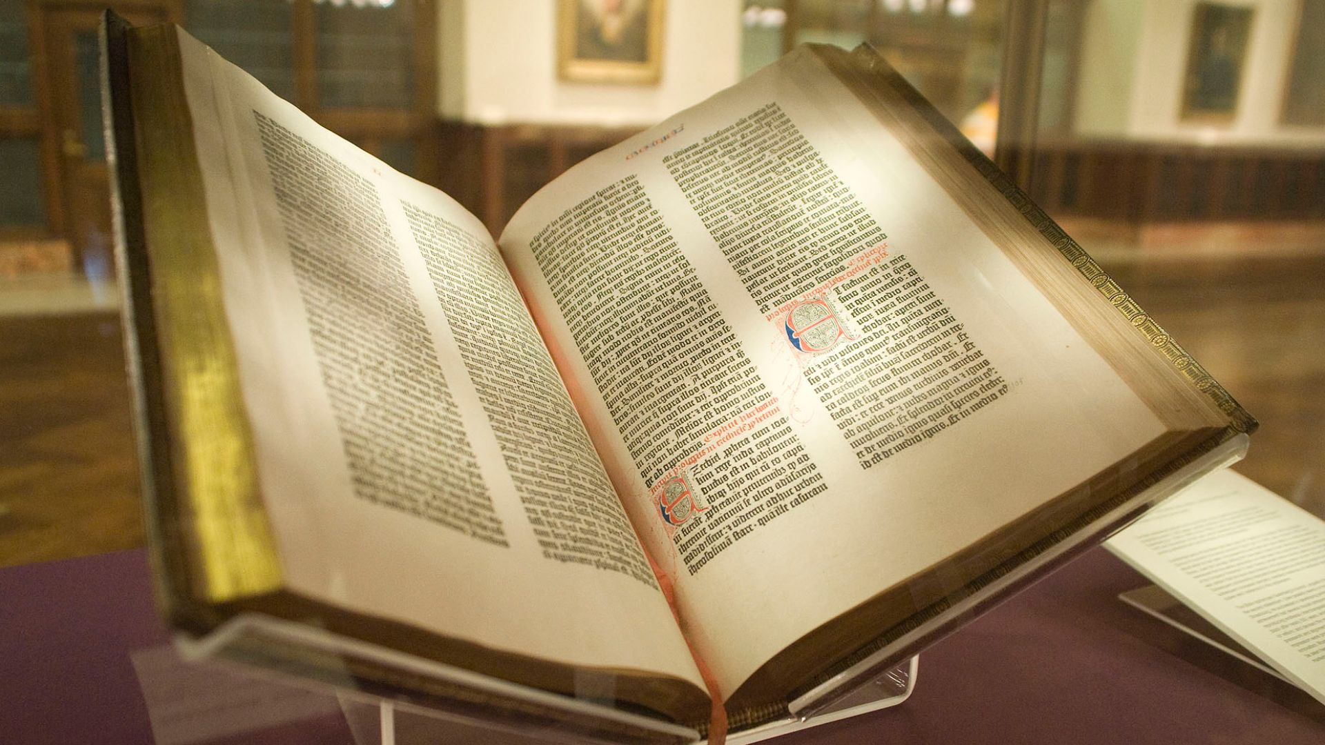 The Gutenberg Bible
[Bible, Latin Vulgate. Ca. 1455].  Biblia Latina.  [Mainz: Johann Gutenberg, ca. 1455].
Rare Books Division.  From the Lenox Library
The first substantial printed book is this royal-folio two-volume Bible, comprising nearly 1,300 pages