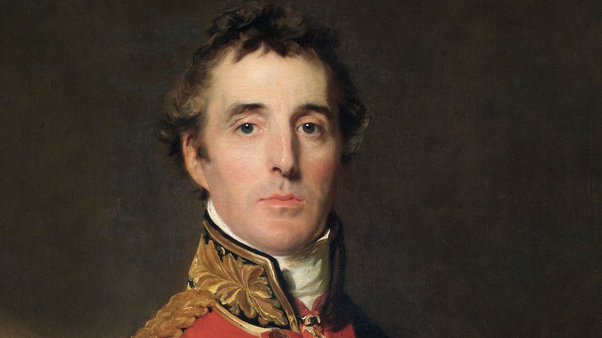 The Duke of Wellington is standing at half-length, wearing Field Marshal’s uniform, with the Garter star and sash, the badge of the Golden Fleece, and a special badge ordered by the Prince Regent to be worn from 1815 by Knights Grand Cross of the Military