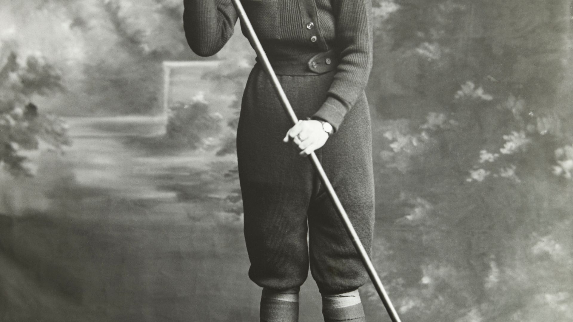Portrait of Alice Manfield (Guide Alice) (1878-1960), mountain guide, naturalist, chalet owner, photographer, and early feminist figure based at Mt Buffalo, Victoria, Australia.In this image Alice is wearing custom made woollen clothing for hiking in the 
