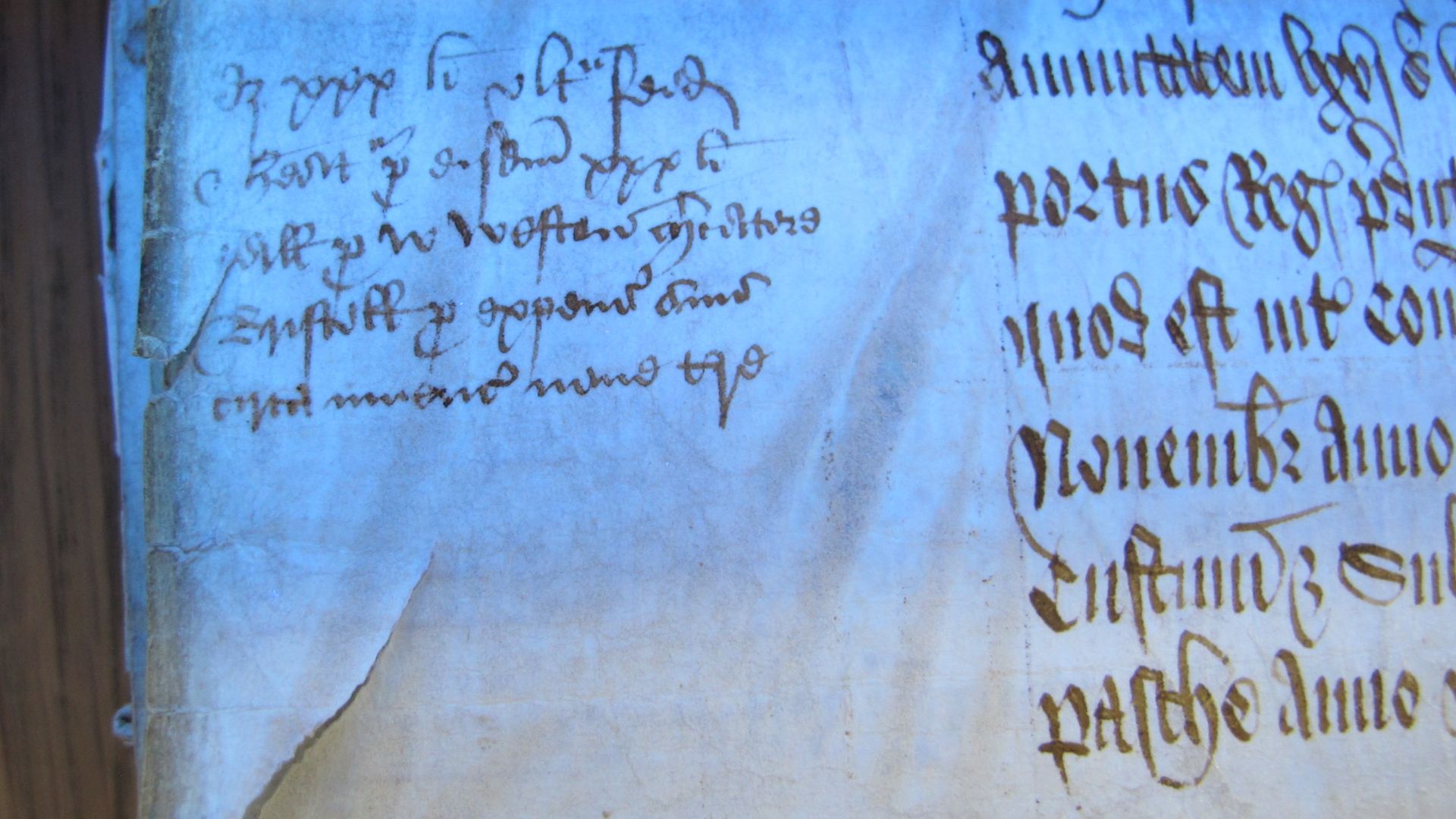 Photograph of the reward payment to William Weston, recorded as a marginal entry in an Exchequer Memoranda Roll: The National Archives (UK), E 356/23, rot. 4, account of customers of Bristol, Mich. 15–16 Hen. VI. The entry is only fully legible under ultr