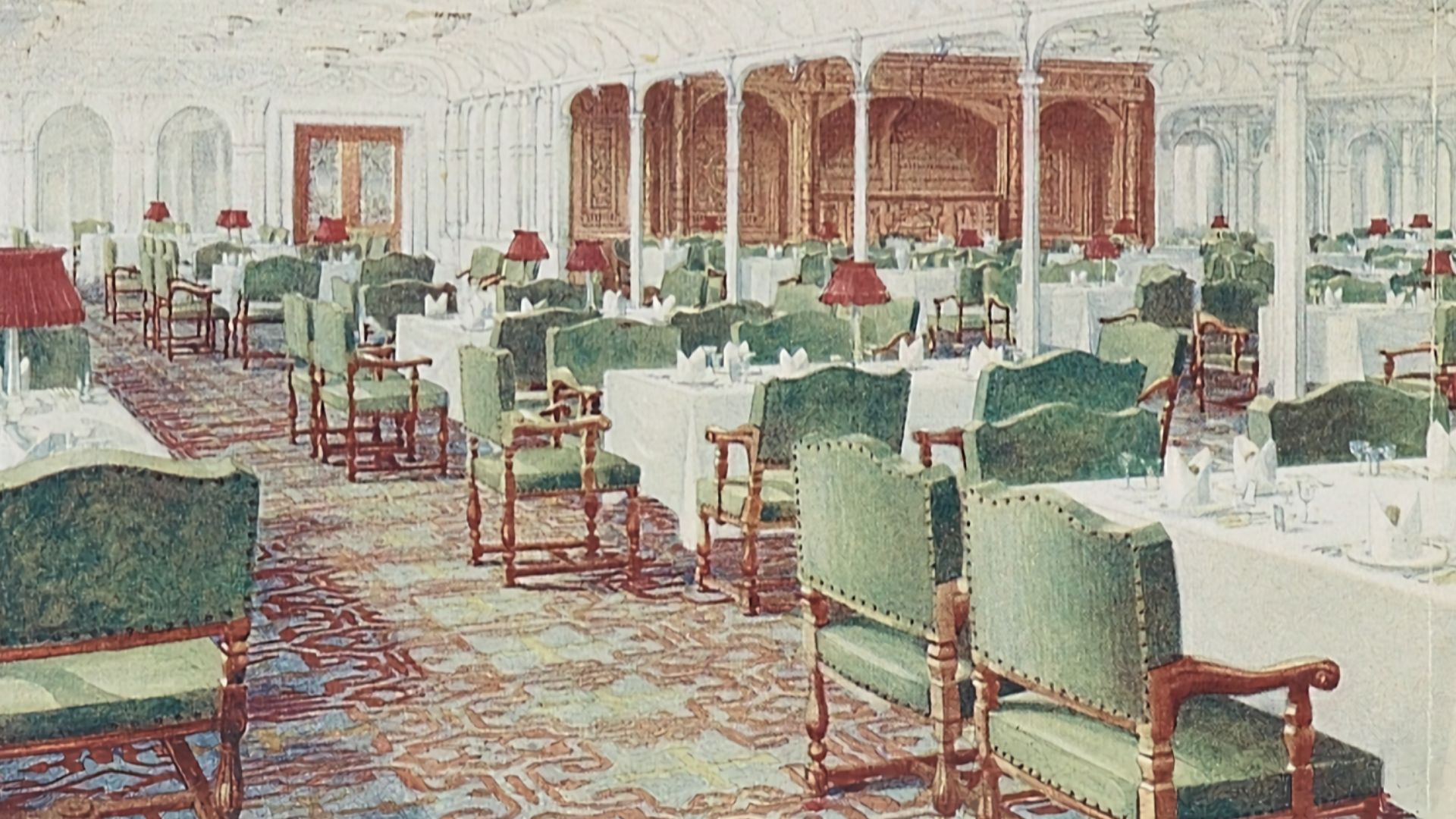 Promotional drawing launched by White Star Line for advertise the First Class facilities on board the new largest steamers in the World: Olympic and Titanic.  This postcard depict the First Class dining room on board the both liners.