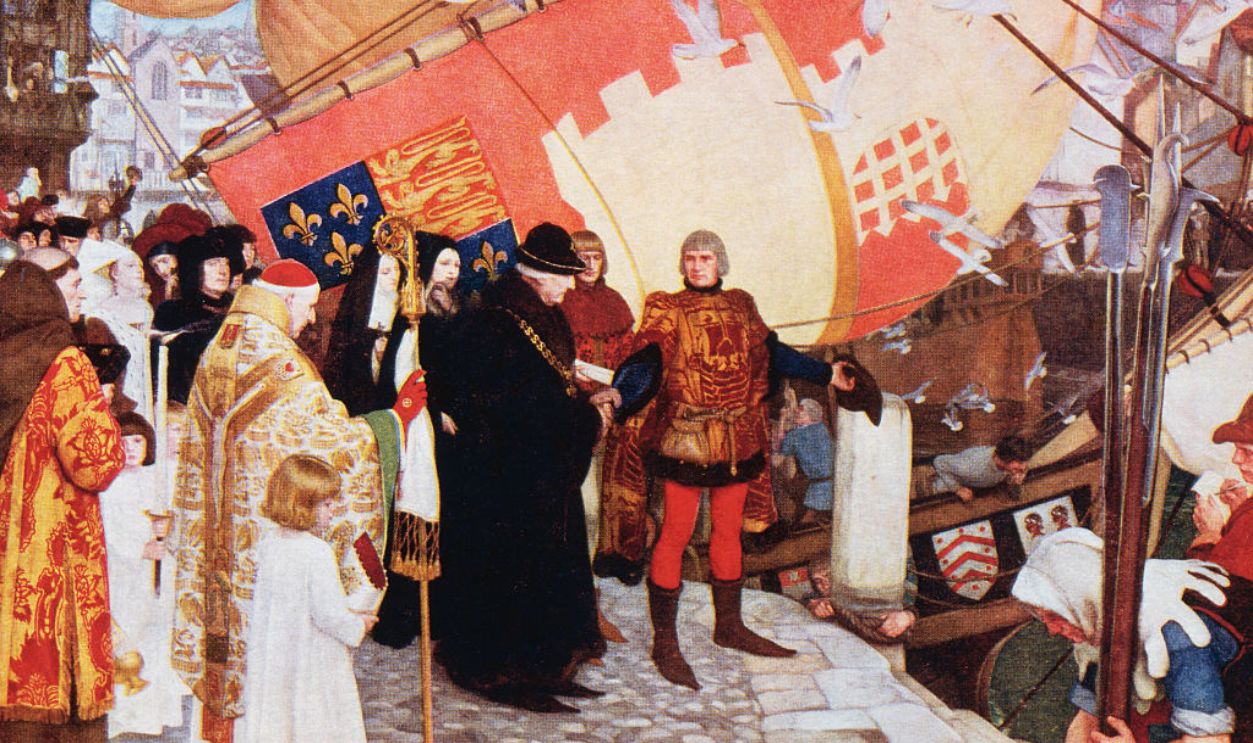 1497-Bristol, England-ORIGINAL CAPTION READS: The departure of John and Sebastian Cabot from Bristol, on their first voyage of discovery in 1497. From the picture by Ernest Board in the Bristol Art Gallery. Undated.