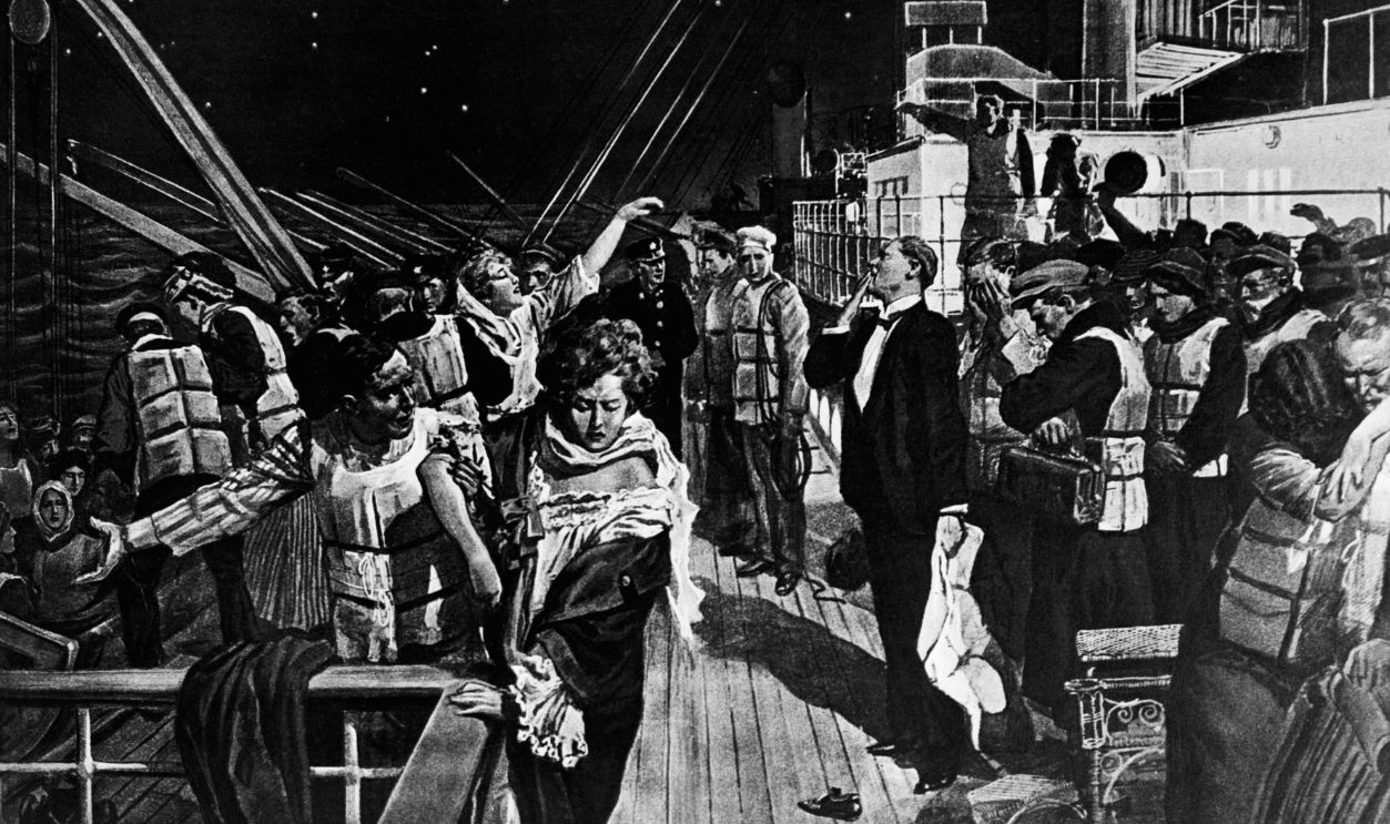 Illustration of Women and Children Boarding Titanic Lifeboats