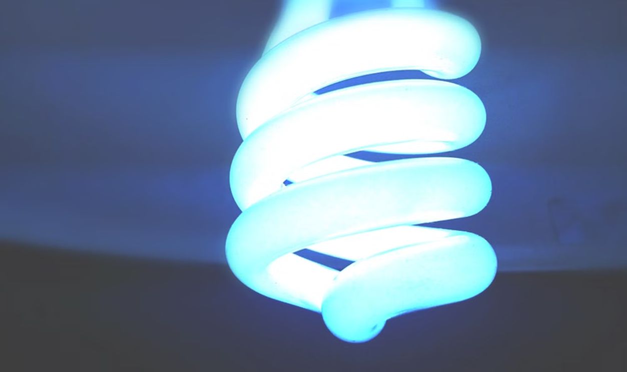 A close-up shot of an illuminated spiral CFL bulb emitting a blue glow, symbolizing energy efficiency