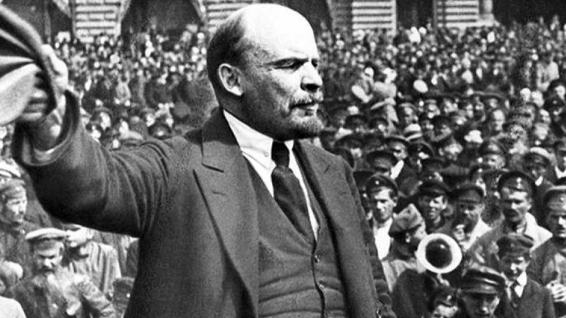Vladimir Lenin giving a speech.Vladimir Lenin arrives in Saint Petersburg triggering the October Revolution