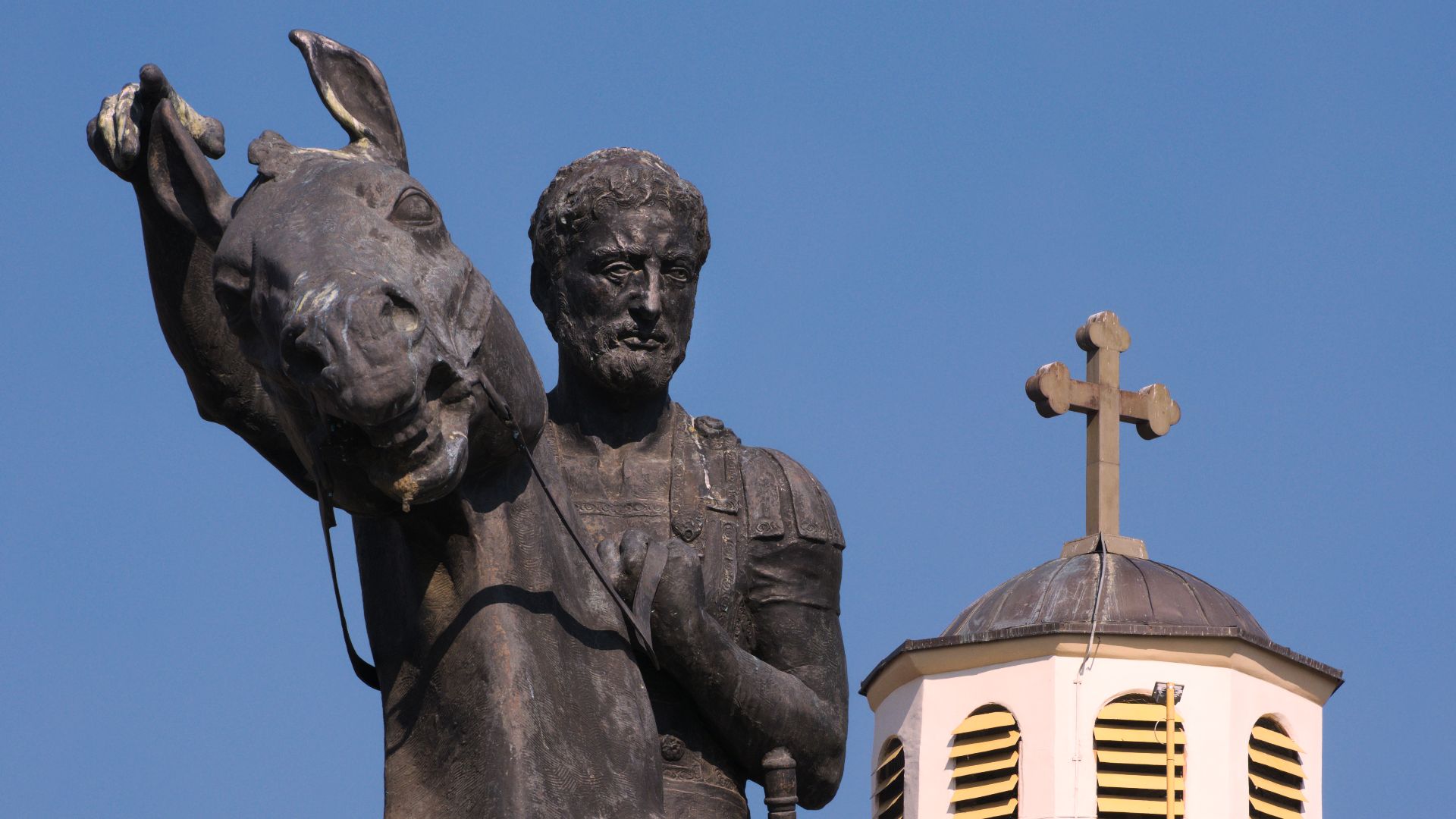 Philip II of Macedon with Clock tower in background, Bitola, Macedonia
