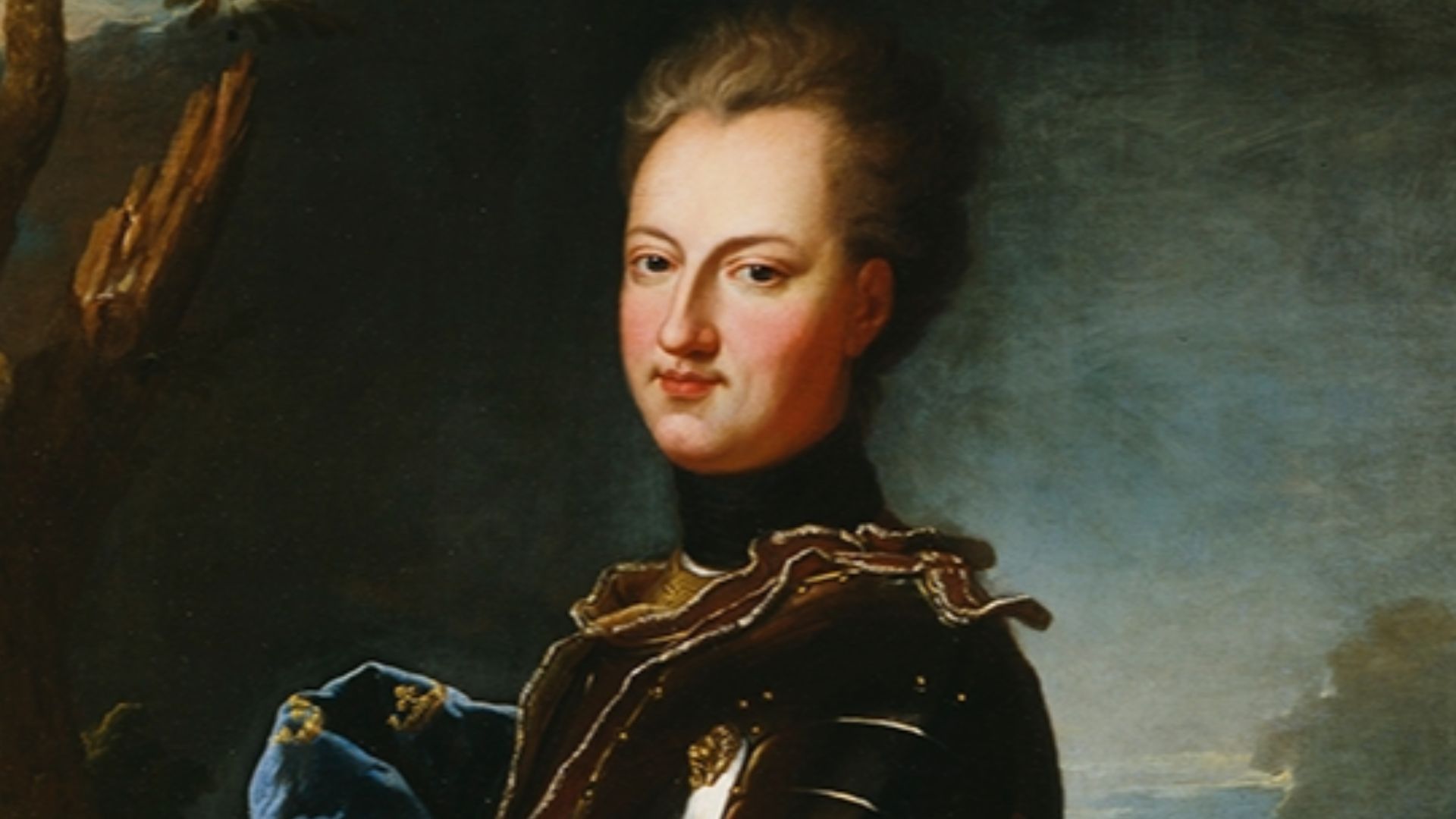 Karl XII var berömd i hela Europa. Alla ville ha hans porträtt. Det här har tillkommit i den franske hovmålaren Rigauds ateljé. I skinande rustning och med fladdrande mantel står kungen uppställd som på en teaterscen – kriget i bakgrunden liknar mest en k