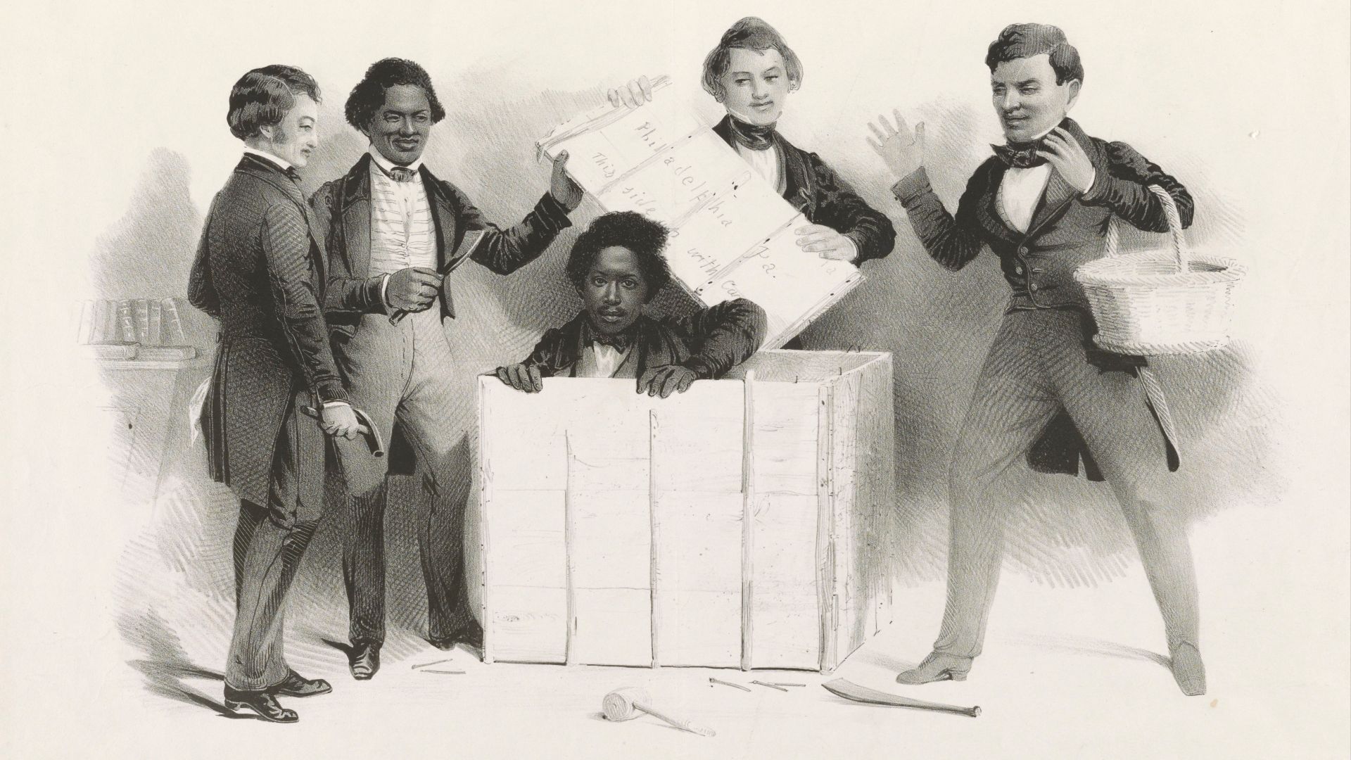 Title: The  resurrection of Henry Box Brown at Philadelphia, who escaped from Richmond Va. in a bx 3 feet long 2 1/2 ft. deep and 2 ft wide
Abstract: A somewhat comic yet sympathetic portrayal of the culminating episode in the flight of slave Henry Brown