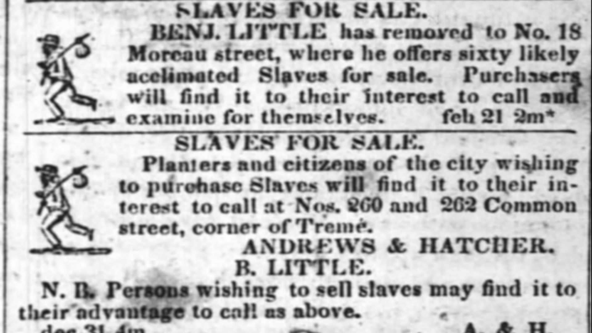 Advertisements for Slaves for Sale - Daily Picayune New Orleans 24 March 1841 p 1