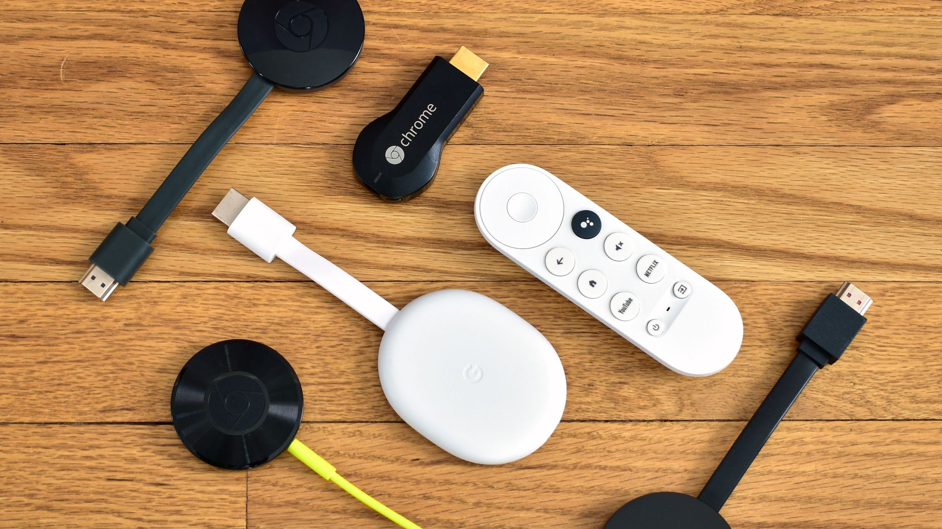 A collection of Chromecast media streaming devices by Google
Black devices, clockwise from top left: 2nd-generation Chromecast, 1st-generation Chromecast, Chromecast Ultra, and Chromecast Audio
White device, in center: Chromecast with Google TV and its re