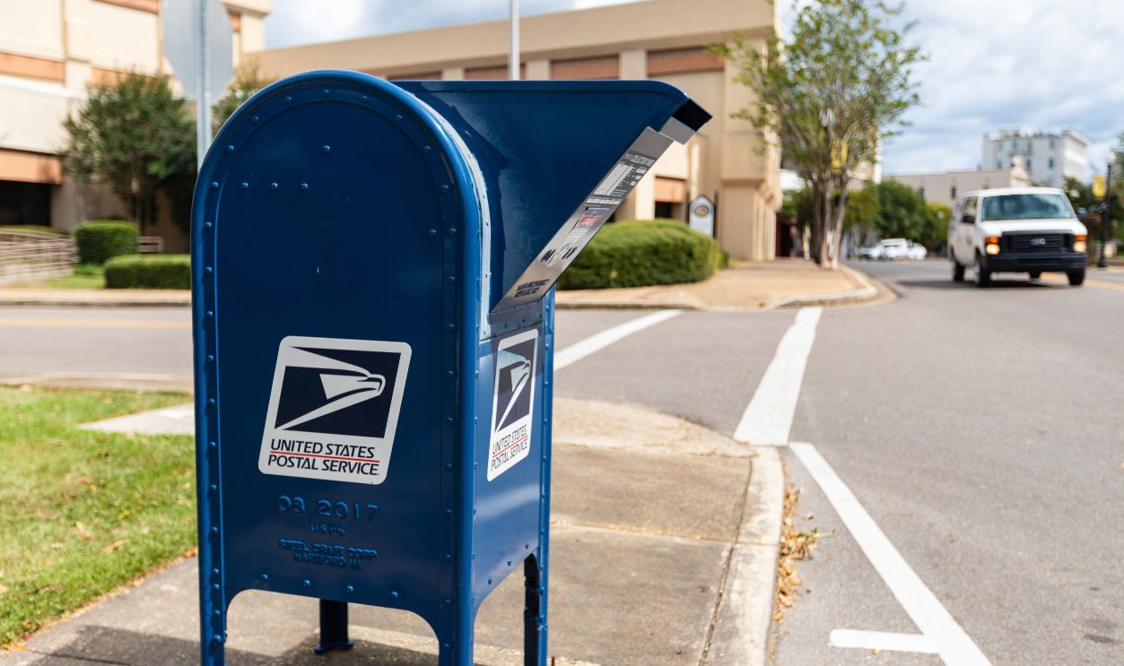 Hattiesburg, MS / USA - September 17, 2020: United States Postal Service collection box in downtown Hattiesburg, MS