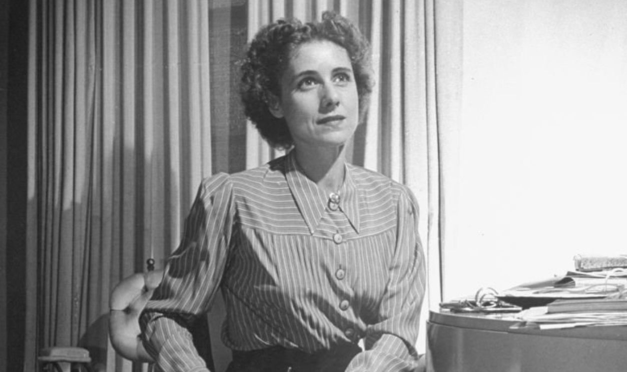 Mrs. Henry R. Luce, typing on the typewriter in her office at home.