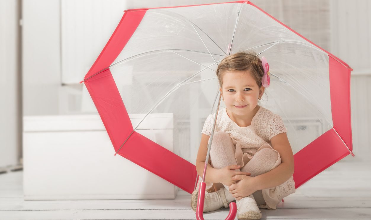 Shutterstock - 351874637 - Lovely expressive little girl sitting under an umbrella, indoor shot in white room.