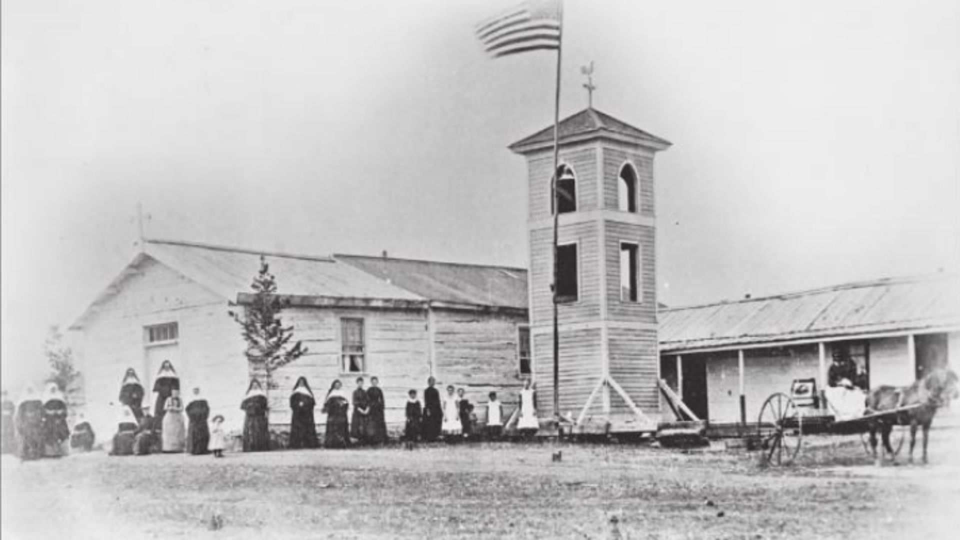 St. Peter's Mission near Cascade, Montana, in the United States, in 1884 shortly after its founding.  St. Peter's was founded by priests belonging to the Society of Jesus (the Jesuits), a Roman Catholic men's religious order. It was established at Bird Ta