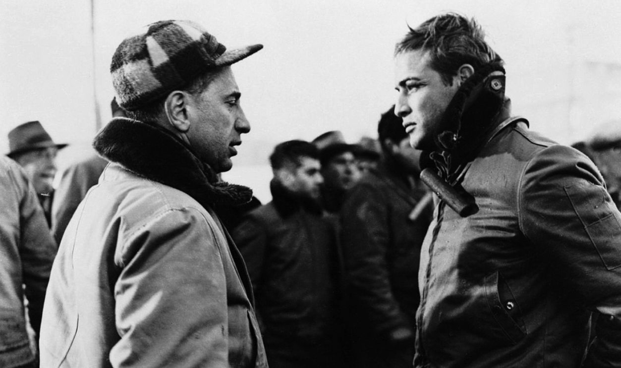 1954: Actor Marlon Brando and director Elia Kazan on the set of the movie 'On the Waterfront' which came out in 1954.