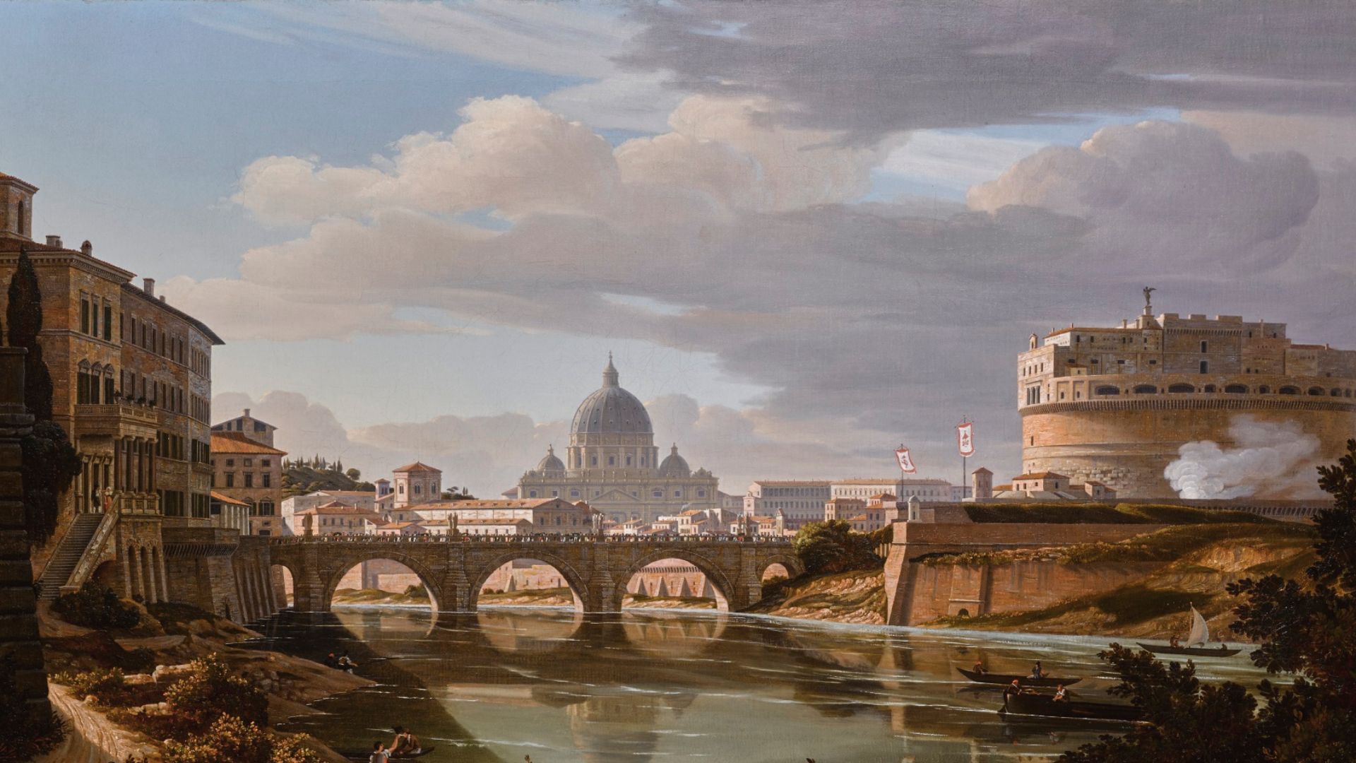 Rome, view of the river Tiber looking south with the Castel Sant'Angelo and Saint Peter's Basilica, beyond 1834.