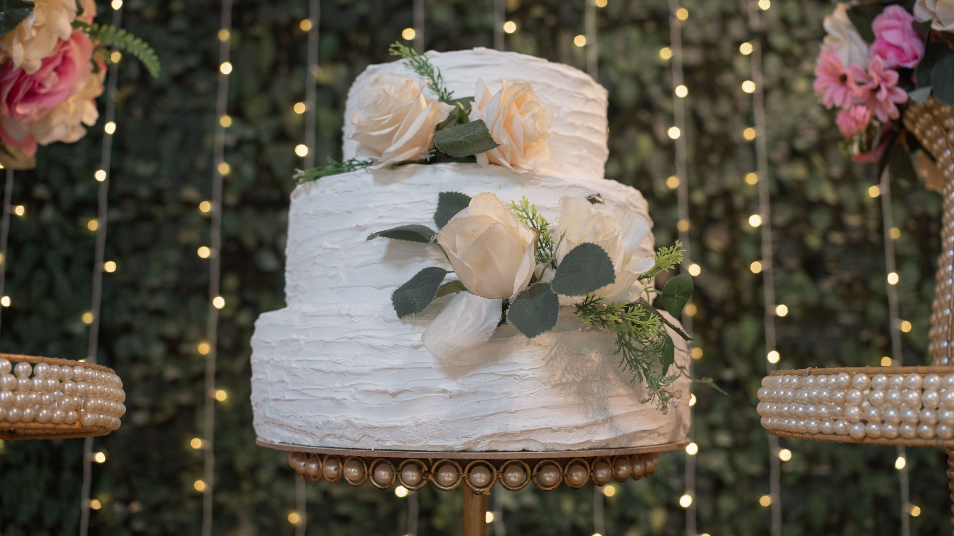 Beautiful two-tier wedding cake adorned with white roses ideal for elegant events.
