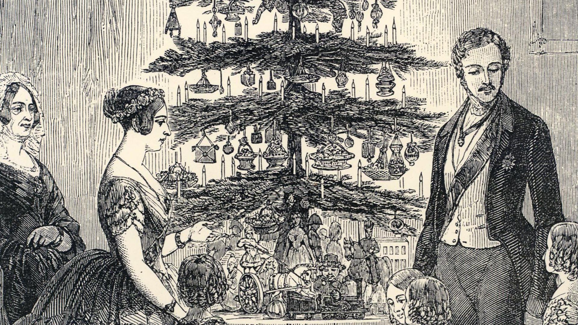 Christmas Tree at Windsor Castle, drawn by J. L. Williams. Illustration for The Illustrated London News, Christmas Number 1848